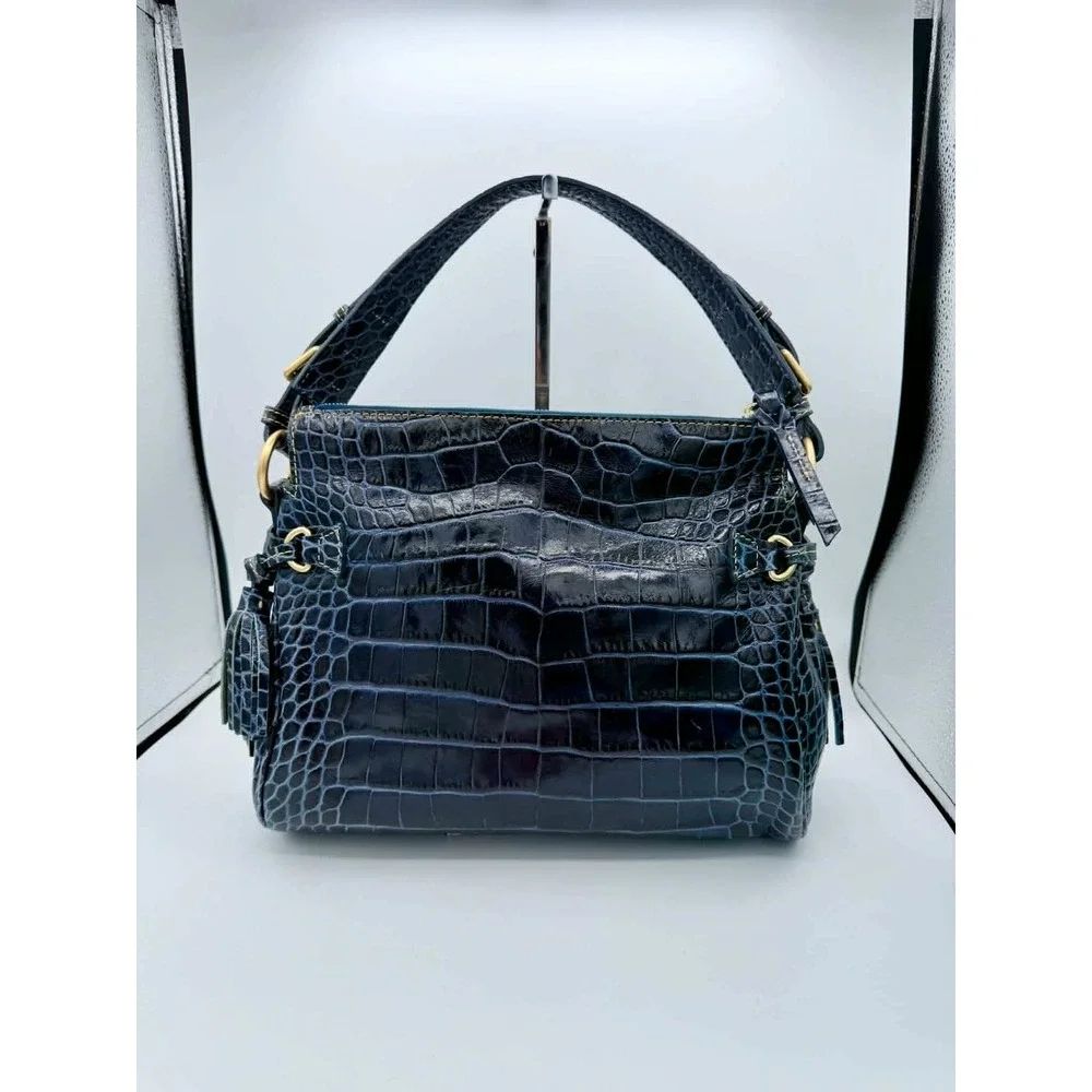 Dooney & Bourke Navy Blue Croco Fino Leather Medium Zip Hobo Bag - Picture 3 of 9